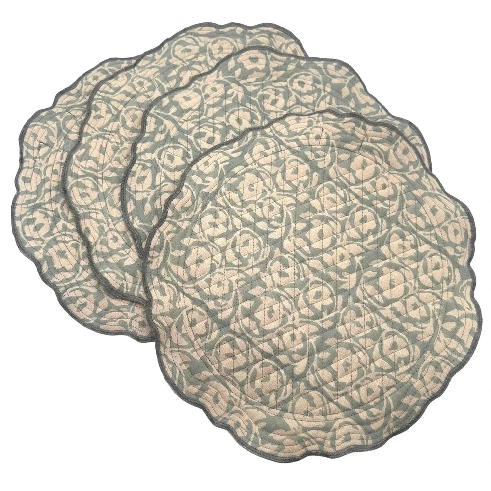 Magnolia Table Quilted Round Placemats Set 4 Floral Damask Scalloped Grey Sage